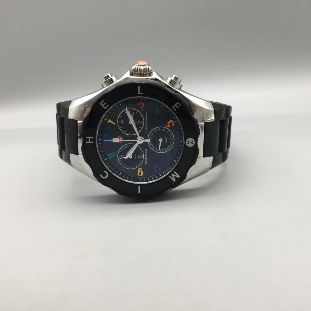 Michele Tahitian Jelly Bean Chronograph Womens Watch 37mm Black Dial New Battery